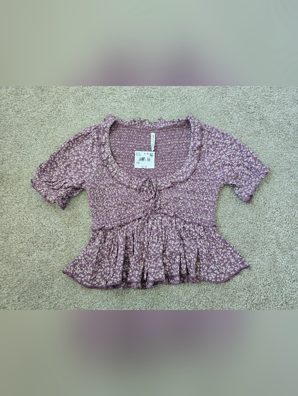 NWT American Eagle Outfitters Lavender Purple Floral Smocked Peplum Top Sz XXS